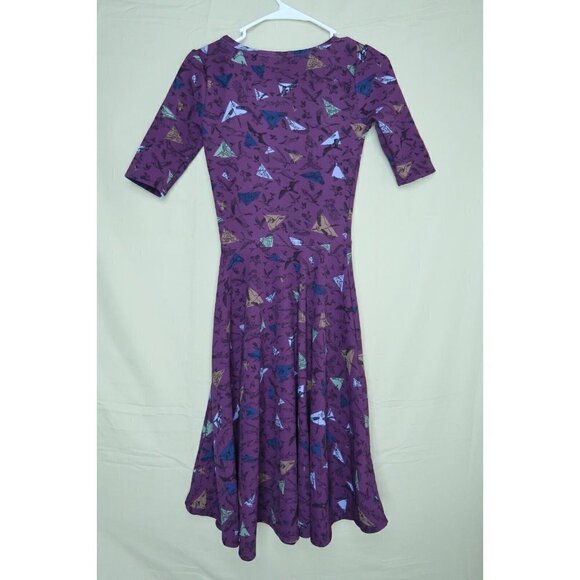 LuLaRoe Nicole Dress Fit Flare Purple Bird Patterned Stretch Scoop Neck Size XXS - Picture 6 of 12